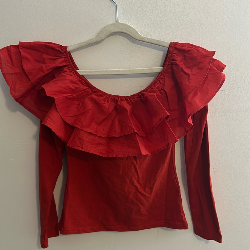 H&M Red Ruffle Off-Shoulder Long Sleeve Blouse- XS